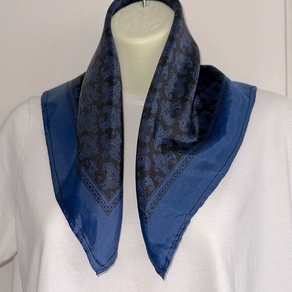 Vintage Blue & Black Paisley Square Polyester Scarf - Picture 6 of 8